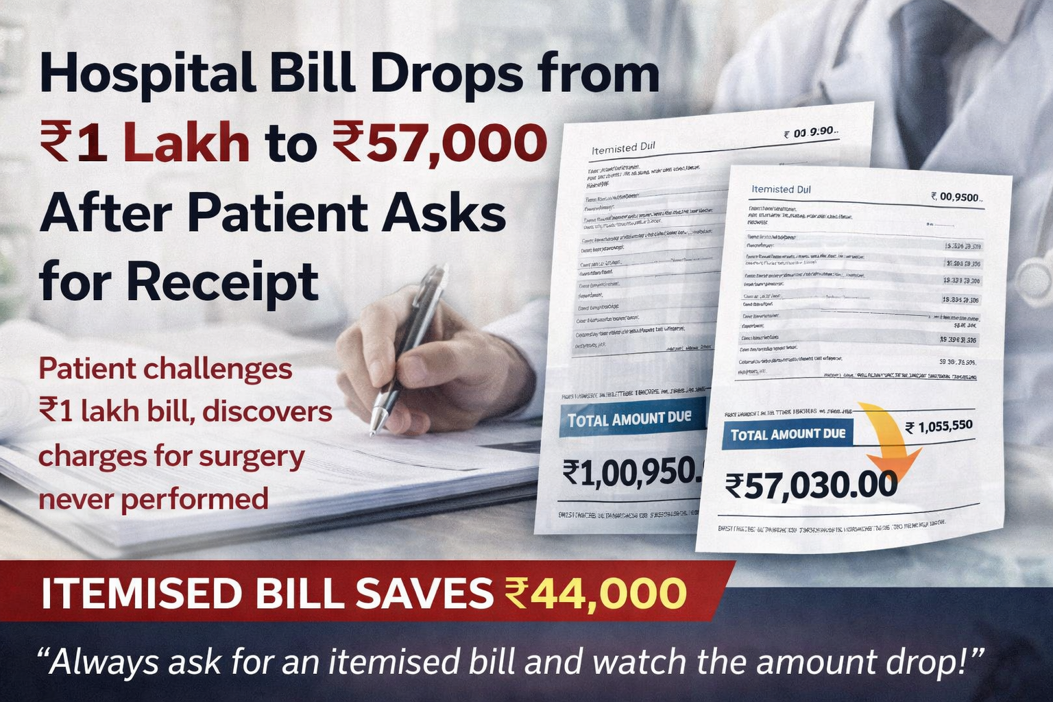Hospital Bill Drops from ₹1 Lakh to ₹57,000 After Patient Requests Itemised Receipt